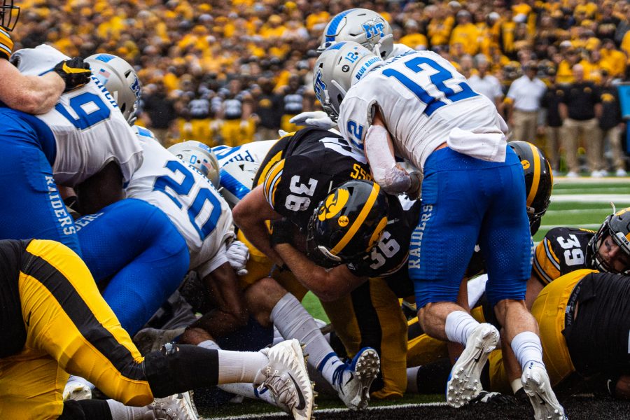 Iowa fullback Brady Ross (36) scores a touchdown during a football game between Iowa and Middle Tennessee State at Kinnick Stadium on Saturday, September 28, 2019. The Hawkeyes defeated the Blue Raiders, 48-3. 