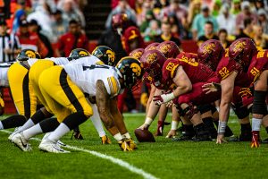 Iowa States offense prepares for a play during a football game between Iowa and Iowa State at Jack Trice Stadium in Ames on Saturday, September 14, 2019. The Hawkeyes retained the Cy-Hawk Trophy for the fifth consecutive year, downing the Cyclones, 18-17. (Shivansh Ahuja/The Daily Iowan)