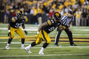 Iowa defensive end AJ Epenesa prepares for a play during the Iowa football game against Miami (Ohio) at Kinnick Stadium on Saturday, August 31, 2019. The Hawkeyes defeated the Redhawks 38-14. 