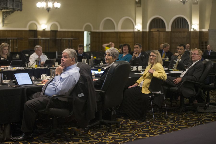 Board+members+listen+during+the+Board+of+Regents+meeting+on+September+12%2C+2018+in+the+IMU+Main+Lounge.+Regents+members+discussed+remodeling+various+buildings+and+sights+across+various+Iowa+campuses.+