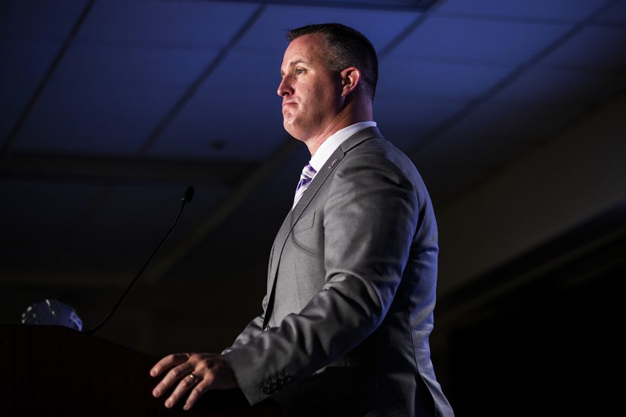 Northwestern head coach Pat Fitzgerald speaks during the second day of Big Ten Football Media Days in Chicago, Ill., on Friday, July 19, 2019.