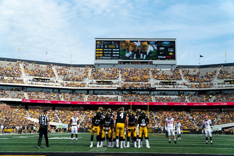 Iowa+quarterback+Nate+Stanley+huddles+with+his+teammates+during+a+football+game+between+Iowa+and+Rutgers+at+Kinnick+Stadium+on+Saturday%2C+September+7%2C+2019.+The+Hawkeyes+defeated+the+Scarlet+Knights+30-0.+