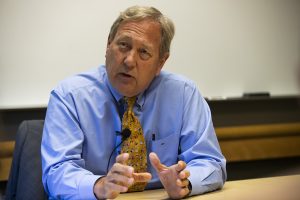 UI President Bruce Harreld answers a question in the Adler Journalism Building on Monday, September 23, 2019. President Harreld discussed his contract extension, the resignation of the Associate VP for Diversity, Equity, and Inclusion, the UI marching band investigation regarding incidents taken place during the Cy-Hawk football game. 