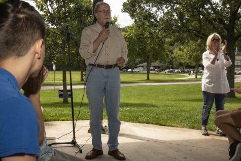 Rep. Dave Loebsack speaks during the Iowa City Federation of Labor Labor Day Picnic in City Park on September 2, 2019. Among the candidates to attend the event were Sen. Michael Bennet and Former Vice President Joe Biden.