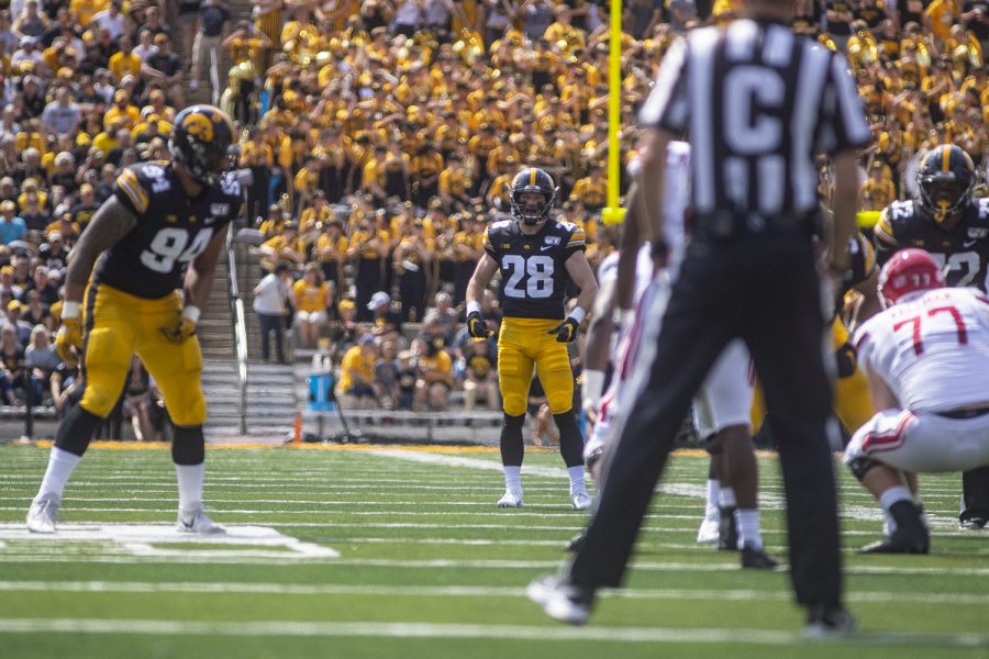 Iowa defensive back Jack Koerner lines up before a play during a football game between Iowa and Rutgers at Kinnick Stadium on Saturday, September 7, 2019. 