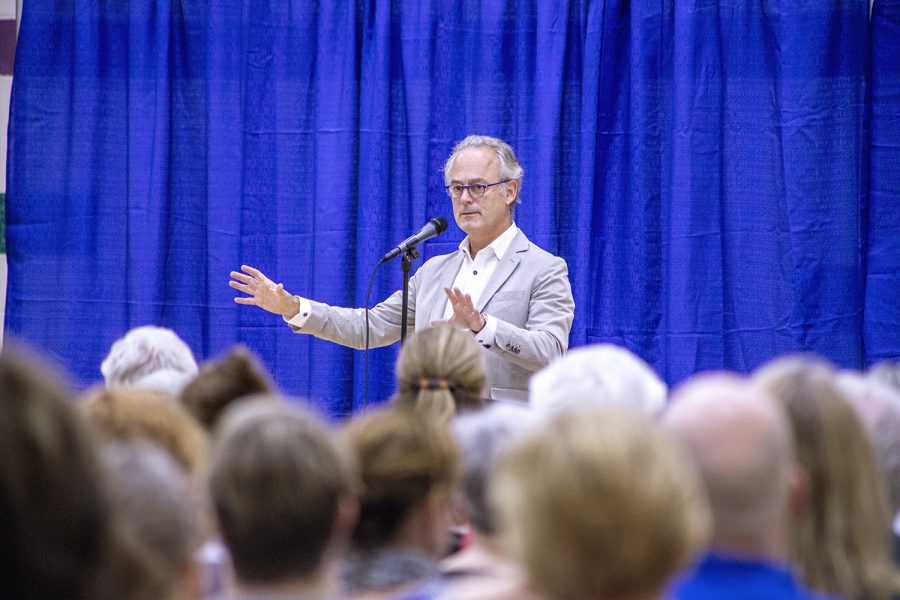 Amor Towles discusses his book, A Gentleman in Moscow, at the North Liberty Recreation Center on Monday, Sept. 9, 2019.