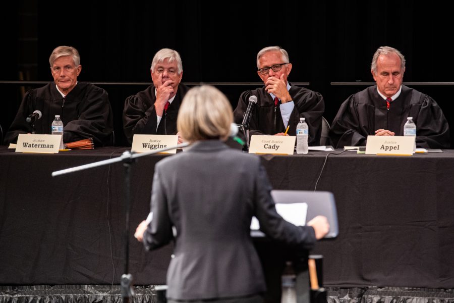 Justices listen to the argument of Melinda Nye in regards to the appeal of Lamar Wilson during a special session of the Iowa Supreme Court in Muscatine, IA on Tuesday, September 10, 2019. 
