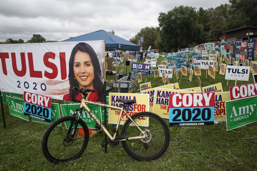 Signs+sit+outside+the+Polk+County+Steak+Fry+in+Des+Moines+on+Saturday+Sept.+21%2C+2019.+17+democratic+candidates+gave+speeches+and+grilled+steaks.