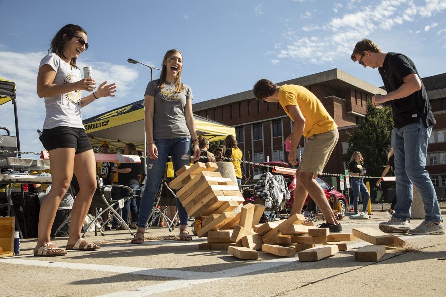 Tailgaters play a game of jenga during the tailgate before the Iowa vs. Rutgers game on September 7, 2019. This is the second game in the Hawkeye’s football season. 