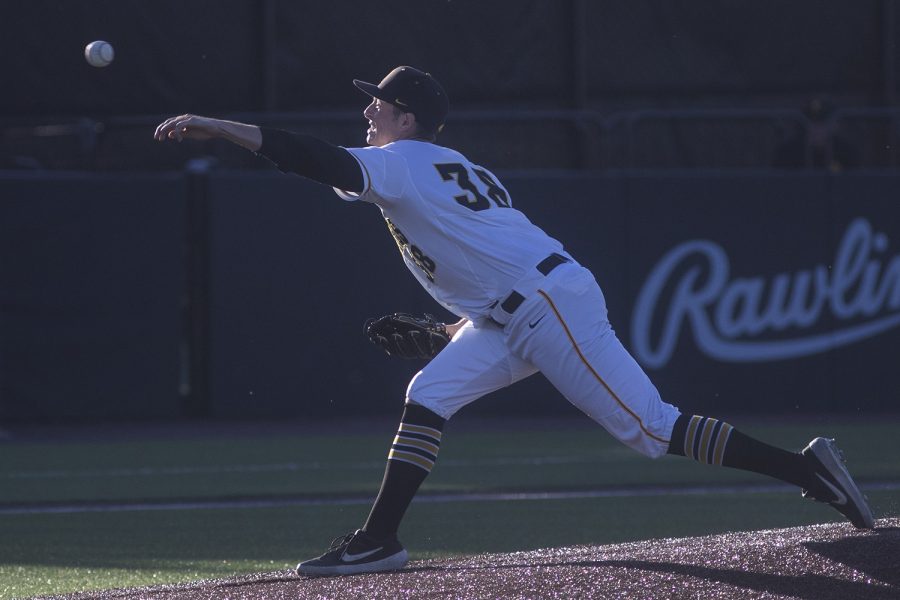 Iowa pitcher Trenton Wallace takes his turn on the mound during a game against Ontario at Duane Banks Field on Friday, September 13, 2019. The Hawkeyes defeated the Blue Jays  30-6 in 14 innings.