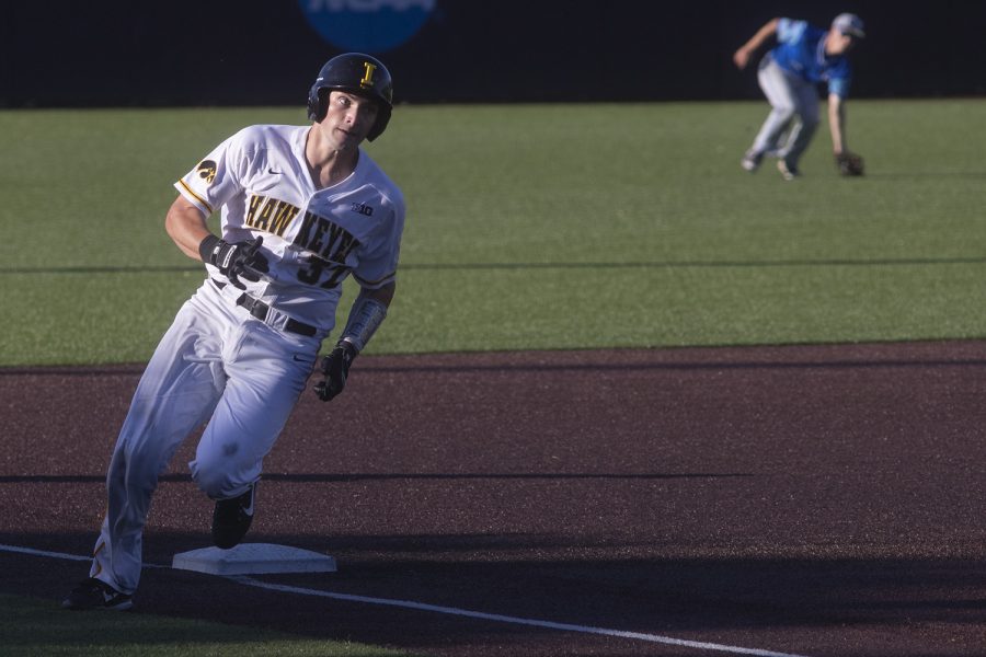 Iowa catcher Brett McCleary rounds third base during a game against Ontario at Duane Banks Field on Friday, September 13, 2019. The Hawkeyes defeated the Blue Jays  30-6 in 14 innings.