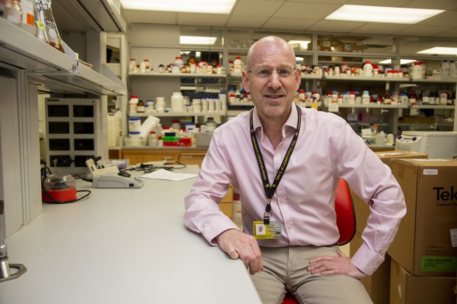 Dr. Charles Brenner, the DEO of biochemistry at the University of Iowa, poses for a portrait in his lab at the Bowen Science Building on Friday, August 30, 2019. Brenner is researching a class of drugs targeting cell metabolism that could lead to a new treatment for Diffuse Intrinsic Pontine Glioma, a rare and incurable childhood cancer. 