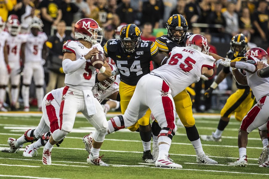 Iowa defensive tackle Daviyon Nixon prepares to tackle during the Iowa football game against Miami (Ohio) at Kinnick Stadium on Saturday, August 31, 2019. The Hawkeyes defeated the Redhawks 38-14. (Katina Zentz/The Daily Iowan)