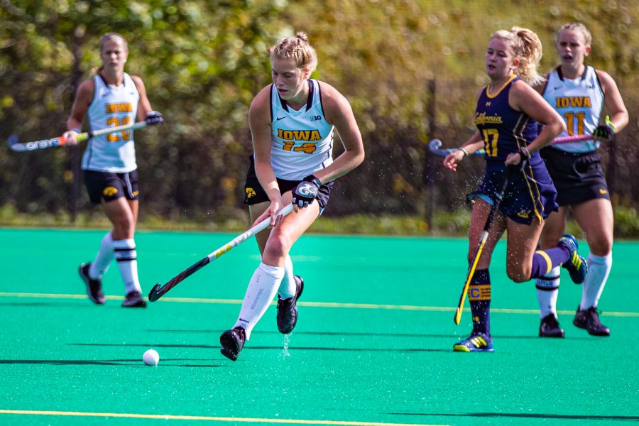 Iowa defender Lokke Stribos navigates the field during a field hockey match between Iowa and California on Friday, September 13, 2019. The Hawkeyes defeated the Bears, 4-2.