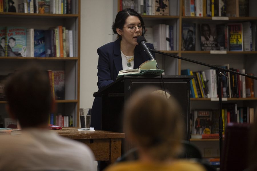 Author T Kira Madden reads aloud from her memoir, “Long Live the Tribe of Fatherless Girls” at a reading at Prairie Lights bookstore on Thursday, September 12, 2019. The memoir highlights Madden’s experience growing up biracial and queer, and Madden spoke on the topic with openness and humor. (Jenna Galigan/The Daily Iowan).