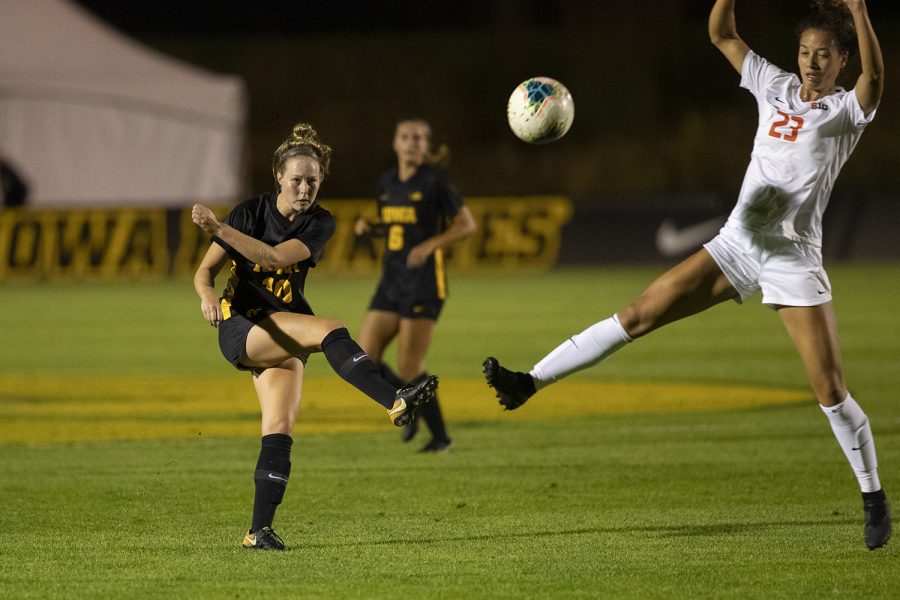 Iowa midfielder Natalie Winters kicks the ball during a soccer game between Iowa and Illinois on Sept. 26, 2019 at the Iowa Soccer Complex. The Hawkeyes defeated the Fighting Illini, 3-1. 