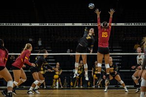Iowa setter Courtney Buzzerio goes for a kill during a volleyball match between Iowa and Iowa State at Carver-Hawkeye Arena on Saturday, September 21, 2019. The Hawkeyes fell to the visiting Cyclones, 3-2. (Shivansh Ahuja/The Daily Iowan)