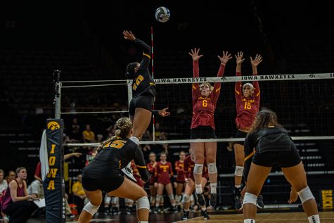 Iowa outside hitter Griere Hughes goes for a kill during a volleyball match between Iowa and Iowa State at Carver-Hawkeye Arena on Saturday, September 21, 2019. The Hawkeyes fell to the visiting Cyclones, 3-2. 