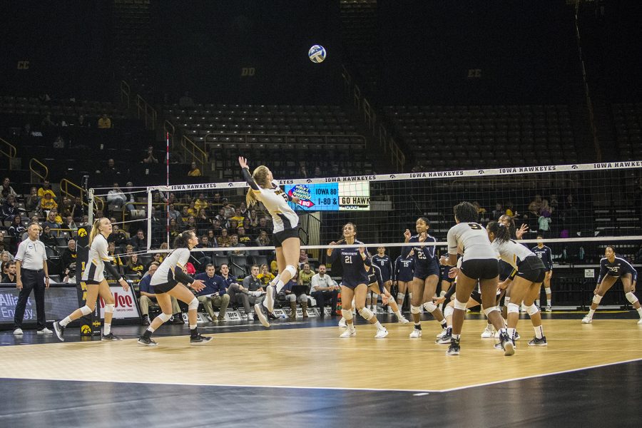 Iowa+junior+Meghan+Buzzerio+prepares+to+spike+the+ball+during+a+volleyball+match+between+Iowa+and+Penn+State+at+Carver-Hawkeye+Arena+on+Saturday%2C+November+3%2C+2018.+The+Hawkeyes+were+shut+out+by+the+Nittany+Lions%2C+3-0.+%28Shivansh+Ahuja%2FThe+Daily+Iowan%29