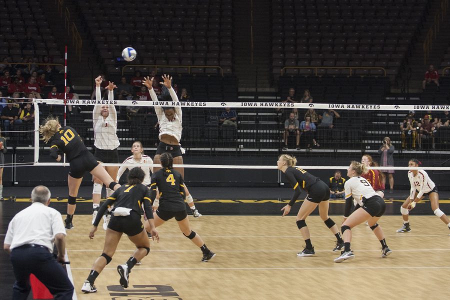 Iowa OH Claire Sheehan attacks the ball during the match between Iowa and Iowa State inside Carver-Hawkeye Arena on Friday, September 8, 2017. The Hawkeyes fell to the Cyclones 3-1. (Shivansh Ahuja/The Daily Iowan)
