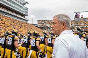 Iowa head coach Kirk Ferentz watches his players swarm the field before a football game between Iowa and Middle Tennessee State University on Saturday, September 28, 2019. The Hawkeyes defeated the Blue Raiders 48-3.