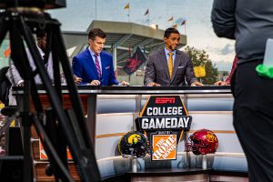 Rece Davis (left) and David Pollack host during ESPN College GameDay before the annual Cy-Hawk football game between Iowa and Iowa State in Ames on Saturday, Sept. 14, 2019. This was GameDays first visit to Ames.