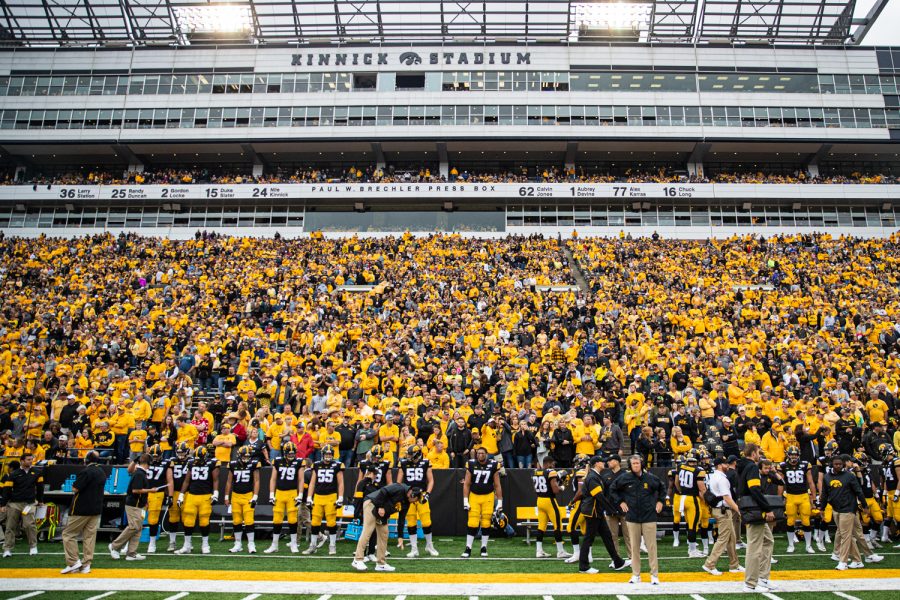 Spectators+watch+the+action+during+a+football+game+between+Iowa+and+Middle+Tennessee+State+at+Kinnick+Stadium+on+Saturday%2C+September+28%2C+2019.+The+Hawkeyes+defeated+the+Blue+Raiders%2C+48-3.