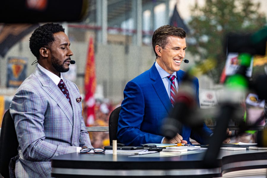 Desmond Howard (left) Rece Davis host during ESPN College GameDay before the annual Cy-Hawk football game between Iowa and Iowa State in Ames on Saturday, Sept. 14, 2019. This was GameDay's first visit to Ames.