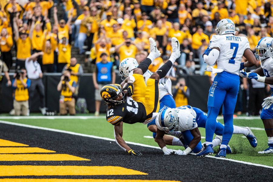 Iowa wide receiver Brandon Smith scores a touchdown during a football game between Iowa and Middle Tennessee State University on Saturday, September 28, 2019. The Hawkeyes defeated the Blue Raiders 48-3.
