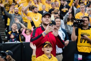 Carson King claps during a football game between Iowa and Middle Tennessee State University on Sept. 28, 2019. 