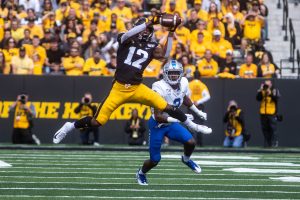 Iowa wide receiver Brandon Smith completes a catch during a football game between Iowa and Middle Tennessee State University on Saturday, September 28, 2019. The Hawkeyes defeated the Blue Raiders 48-3.