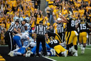 Iowa payers celebrate a touchdown during a football game between Iowa and Middle Tennessee State University on Saturday, September 28, 2019. The Hawkeyes defeated the Blue Raiders 48-3.
