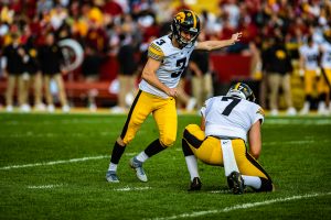 Iowa kicker Keith Duncan makes a practice kick during a football game between Iowa and Iowa State at Jack Trice Stadium in Ames on Saturday, September 14, 2019. 