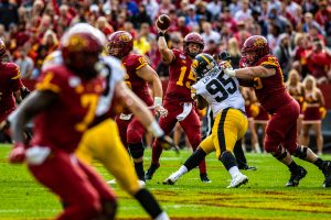 Iowa State quarterback Brock Purdy throws a pass during a football game between Iowa and Iowa State at Jack Trice Stadium in Ames on Saturday, September 14, 2019. 