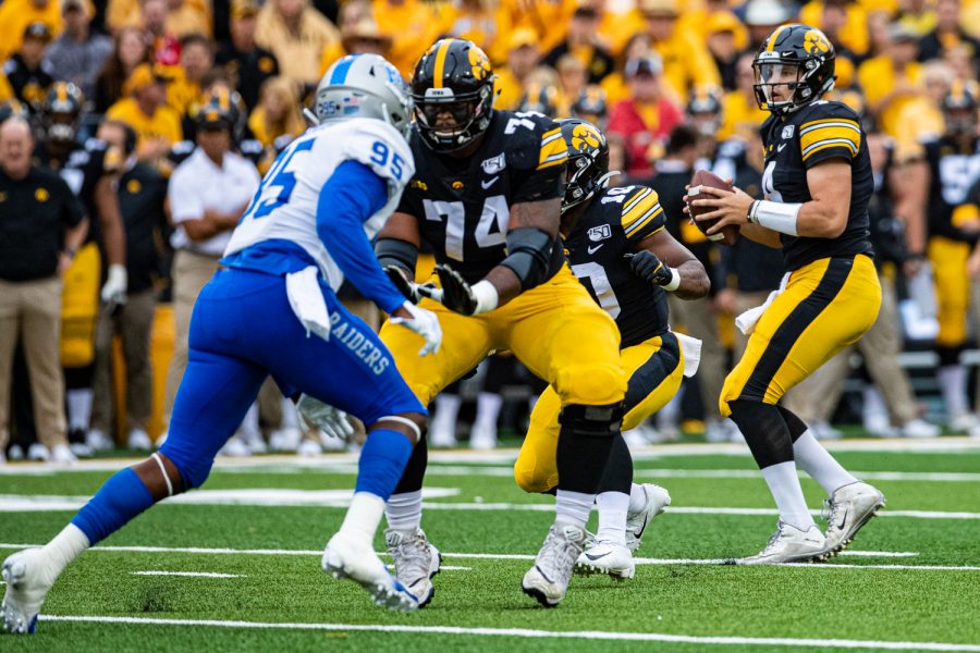 Iowa quarterback Nate Stanley looks to pass during a football game between Iowa and Middle Tennessee State at Kinnick Stadium on Saturday, September 28, 2019. 