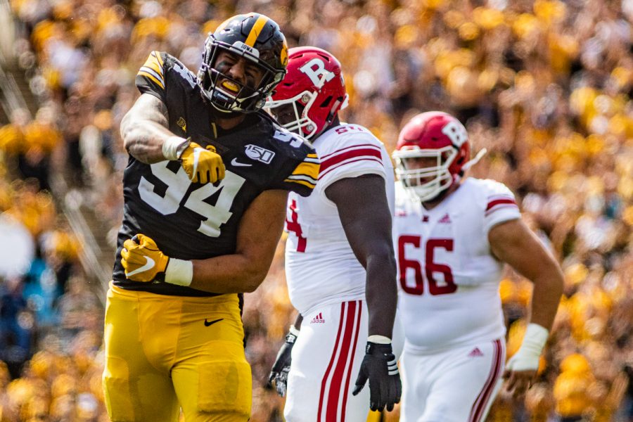 Iowa+defensive+end+AJ+Epenesa+celebrates+after+a+play+during+a+football+game+between+Iowa+and+Rutgers+at+Kinnick+Stadium+on+Saturday%2C+September+7%2C+2019.+The+Hawkeyes+defeated+the+Scarlet+Knights%2C+30-0.