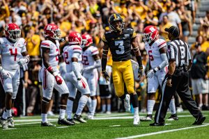 Iowa wide receiver Tyrone Tracy, Jr. celebrates after a catch during a football game between Iowa and Rutgers at Kinnick Stadium on Saturday, September 7, 2019. The Hawkeyes defeated the Scarlet Knights, 30-0.
