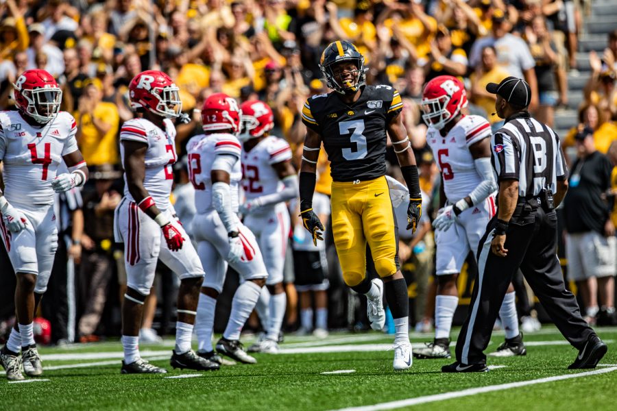 Iowa+wide+receiver+Tyrone+Tracy%2C+Jr.+celebrates+after+a+catch+during+a+football+game+between+Iowa+and+Rutgers+at+Kinnick+Stadium+on+Saturday%2C+September+7%2C+2019.+The+Hawkeyes+defeated+the+Scarlet+Knights%2C+30-0.