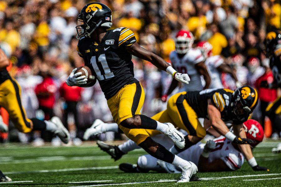 Iowa defensive back Michael Ojemudia runs back an interception during a football game between Iowa and Rutgers at Kinnick Stadium on Saturday, September 7, 2019. The Hawkeyes defeated the Scarlet Knights, 30-0.