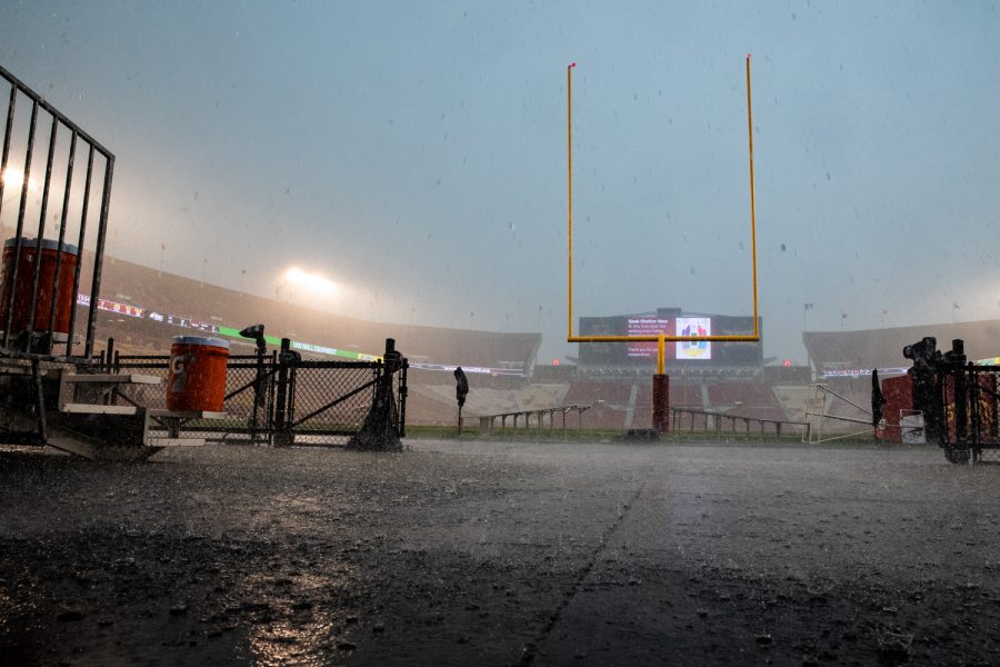 Rain falls during a football game between Iowa and Iowa State at Jack Trice Stadium in Ames on Saturday, September 14, 2019. 