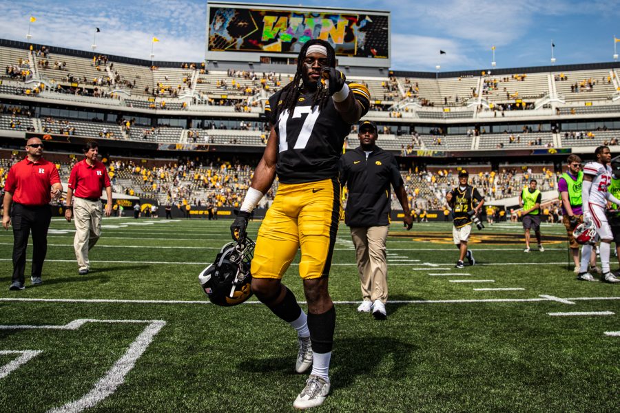 Iowa defensive back Devonte Young celebrates after a football game between Iowa and Rutgers at Kinnick Stadium on Saturday, September 7, 2019. The Hawkeyes defeated the Scarlet Knights, 30-0.