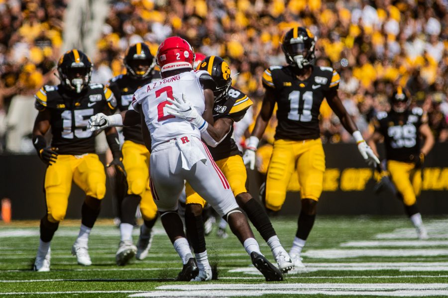 Iowa+defensive+back+Matt+Hankins+interferes+with+a+fair+catch+called+by+Rutgers+Avery+Young+during+a+football+game+between+Iowa+and+Rutgers+at+Kinnick+Stadium+on+Saturday%2C+September+7%2C+2019.+The+Hawkeyes+defeated+the+Scarlet+Knights%2C+30-0.