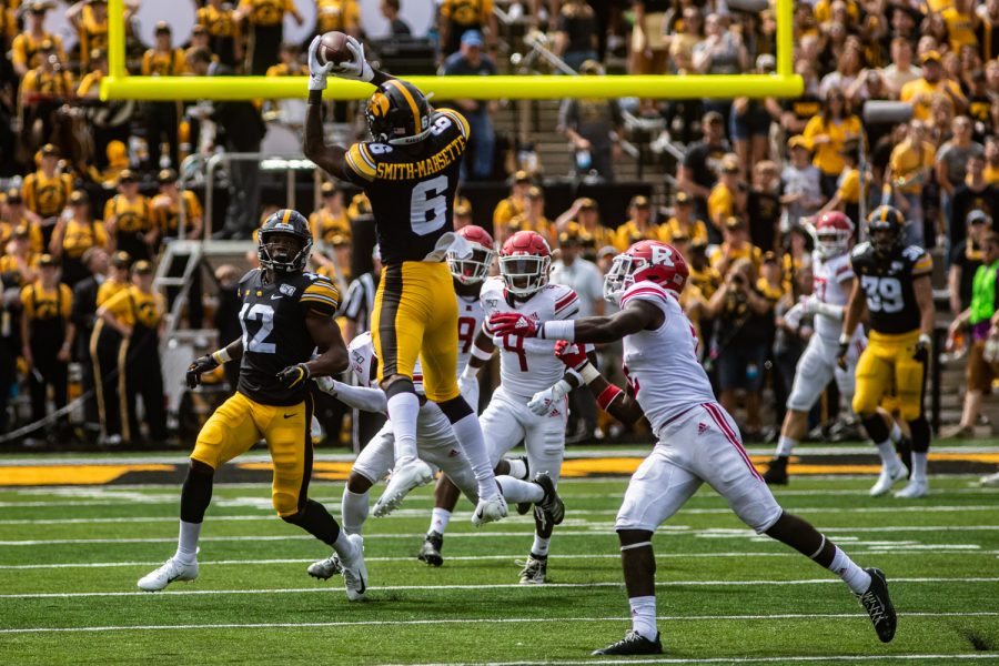 Iowa+wide+receiver+Ihmir+Smith-Marsette+catches+the+ball+during+a+football+game+between+Iowa+and+Rutgers+at+Kinnick+Stadium+on+Saturday%2C+September+7%2C+2019.+The+Hawkeyes+defeated+the+Scarlet+Knights%2C+30-0.