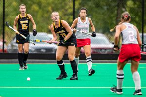 Iowa midfielder Katie Birch looks to pass during a field hockey match between Iowa and Ohio State on Friday, September 27, 2019. The Hawkeyes defeated the Buckeyes, 2-1.