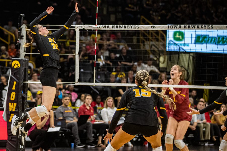 Iowa outside hitter Edina Schmidt goes for a kill during a volleyball match between Iowa and Iowa State at Carver-Hawkeye Arena on Saturday, September 21, 2019. The Hawkeyes fell to the visiting Cyclones, 3-2.