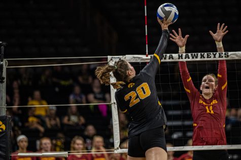 Iowa outside hitter Edina Schmidt goes for a kill during a volleyball match between Iowa and Iowa State at Carver-Hawkeye Arena on Saturday, September 21, 2019. The Hawkeyes fell to the visiting Cyclones, 3-2.