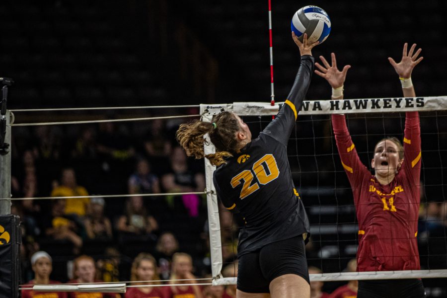 Iowa+outside+hitter+Edina+Schmidt+goes+for+a+kill+during+a+volleyball+match+between+Iowa+and+Iowa+State+at+Carver-Hawkeye+Arena+on+Saturday%2C+September+21%2C+2019.+The+Hawkeyes+fell+to+the+visiting+Cyclones%2C+3-2.