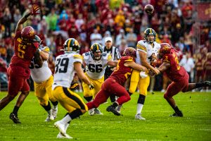 Iowa quarterback Nate Stanley makes a pass during a football game between Iowa and Iowa State at Jack Trice Stadium in Ames on Saturday, September 14, 2019. The Hawkeyes retained the Cy-Hawk Trophy for the fifth consecutive year, downing the Cyclones, 18-17.