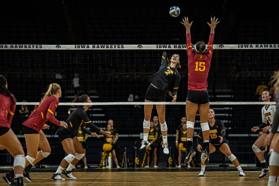 Iowa+setter+Courtney+Buzzerio+goes+for+a+kill+during+a+volleyball+match+between+Iowa+and+Iowa+State+at+Carver-Hawkeye+Arena+on+Saturday%2C+September+21%2C+2019.+The+Hawkeyes+fell+to+the+visiting+Cyclones%2C+3-2.