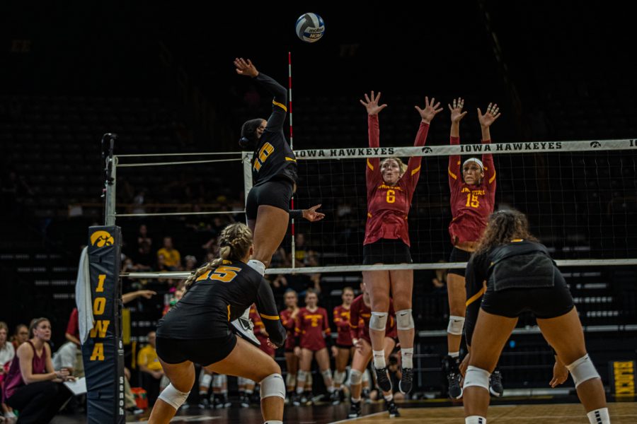 Iowa outside hitter Griere Hughes goes for a kill during a volleyball match between Iowa and Iowa State at Carver-Hawkeye Arena on Saturday, September 21, 2019. The Hawkeyes fell to the visiting Cyclones, 3-2.